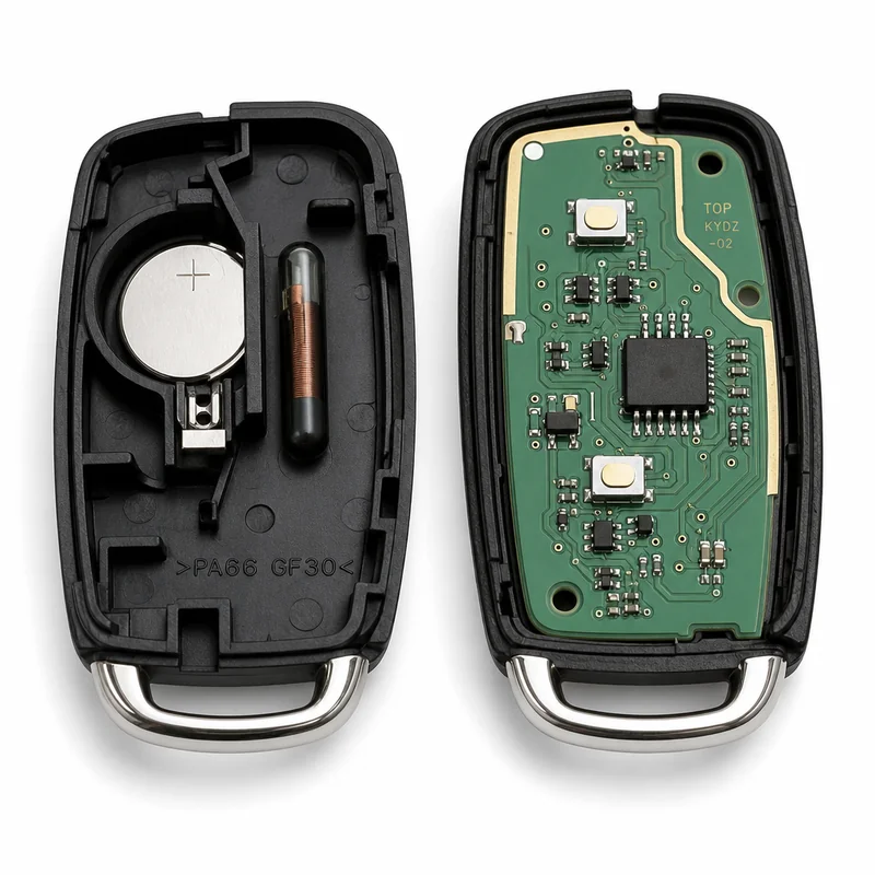 car key fob opened showing the transponder chip inside
