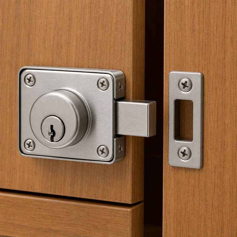 deadbolt cupboard lock with bolt extended into the frame
