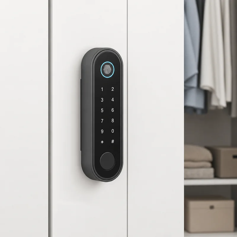 electronic smart cupboard lock with fingerprint pad on a wardrobe