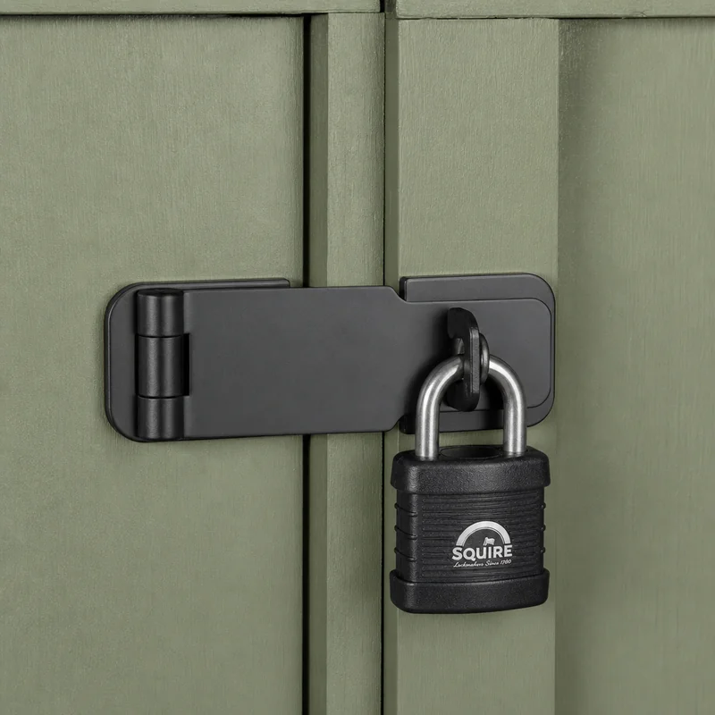 heavy-duty hasp lock with padlock on a storage cupboard