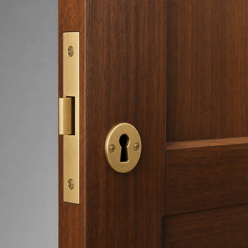 mortise cupboard lock embedded in a wooden cabinet door