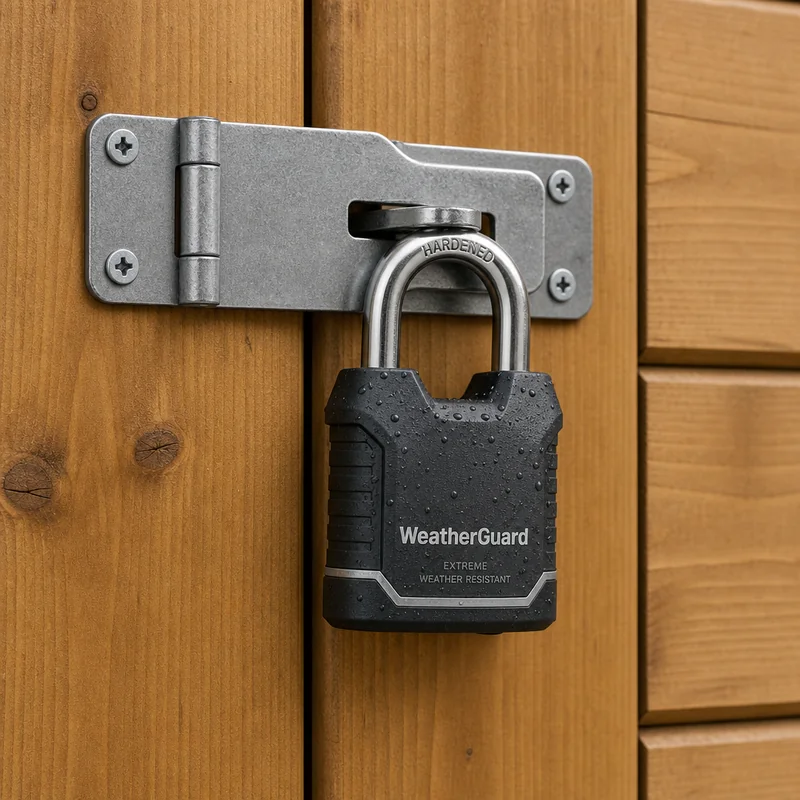 padlock securing a hasp on a wooden storage cupboard