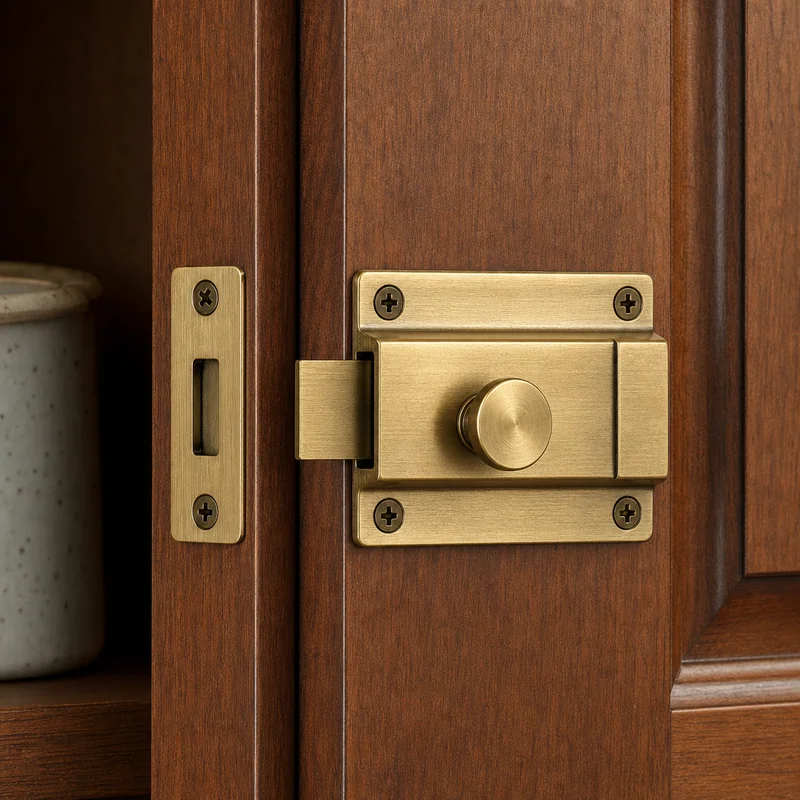 rim latch cupboard lock surface-mounted on a wooden door